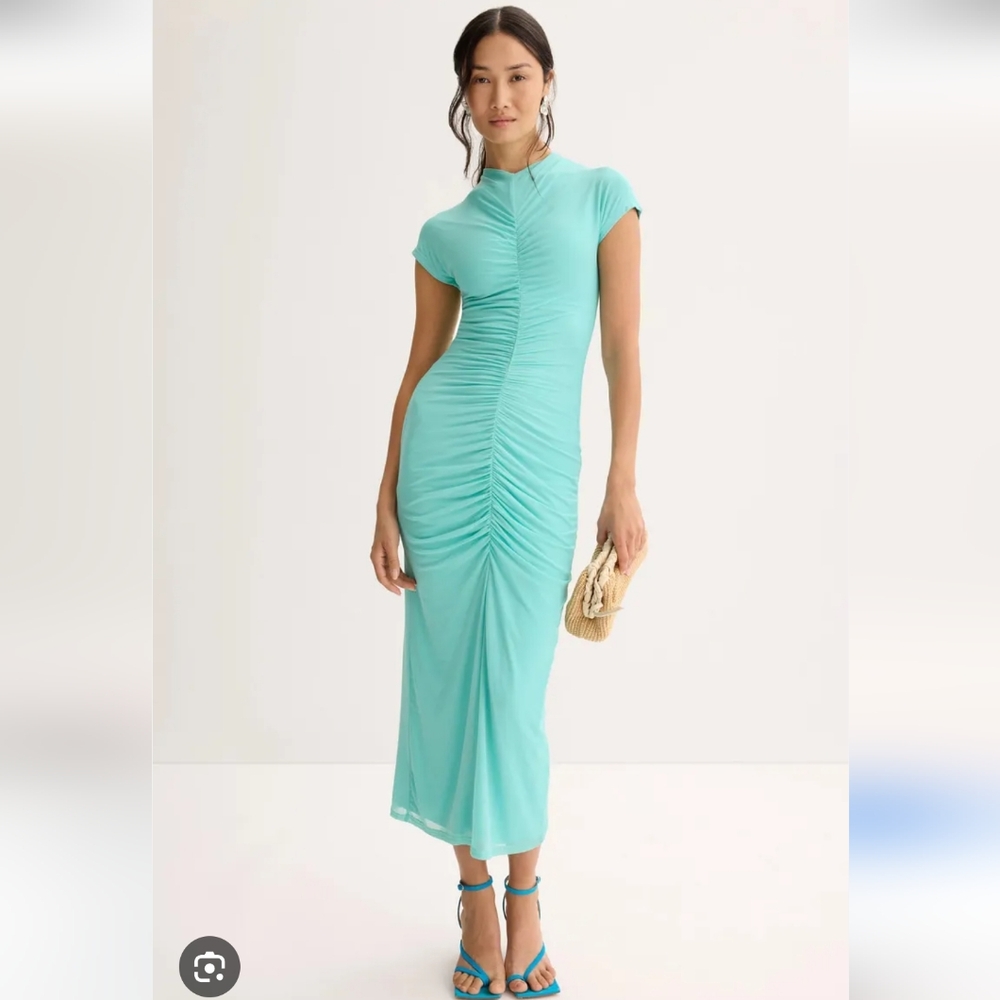 Suboo Christy Mesh Cap Sleeve Ruched Midi Dress Size XS